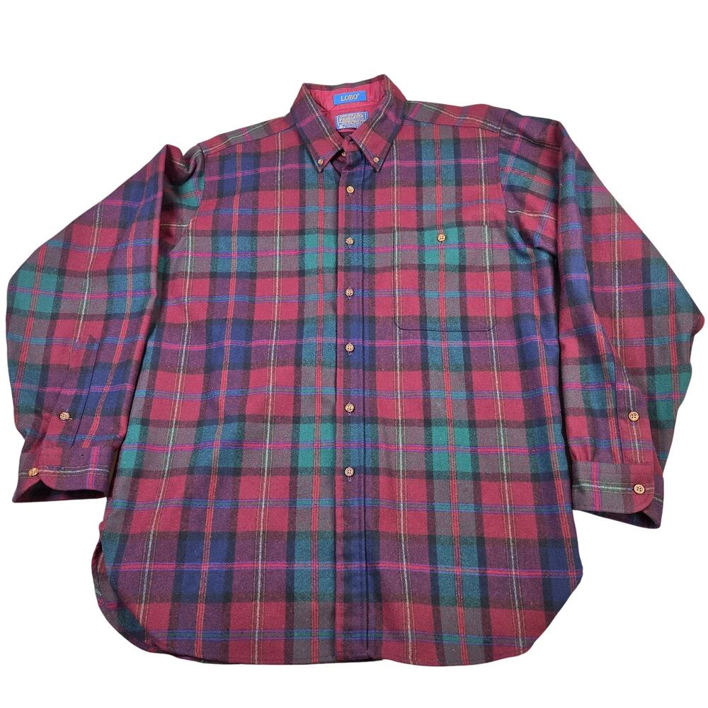 Pendleton Lobo Virgin Wool Plaid Button Down Shirt USA Mens Large Vintage